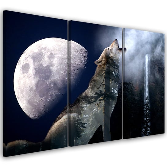 Feeby Obraz trzyczęściowy na płótnie, FEEBY Wilk Natura Księżyc Mgła 150x100 Feeby