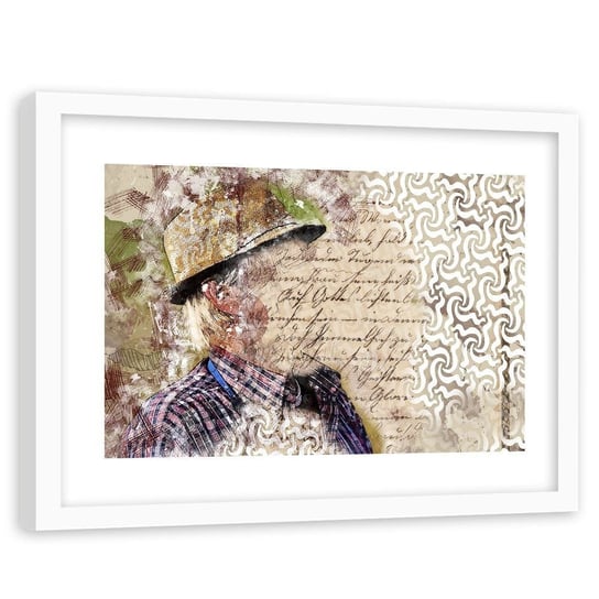 Feeby, Obraz w ramie białej, Mężczyzna w kapeluszu abstrakcja, 120x80 cm Feeby