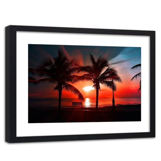 Feeby, Obraz w ramie czarnej, Palmy i promienie słońca 3, 120x80 cm Feeby