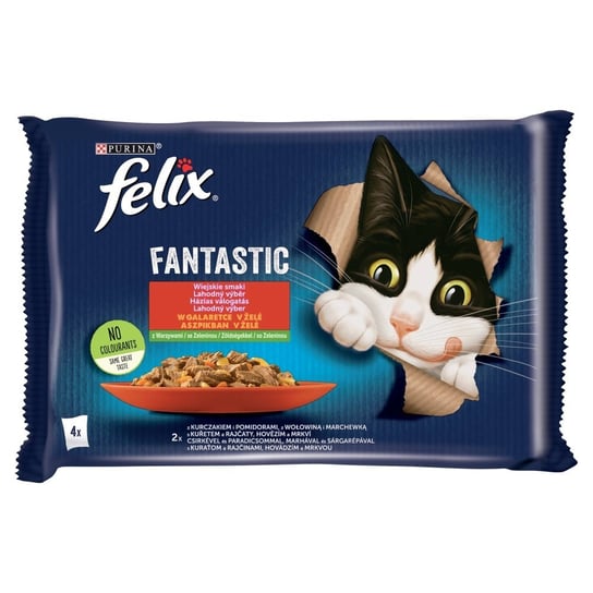 Felix Fantastic Karma Dla Kotów Wiejskie Smaki W Galaretce 340g (4x85g) Wołowina Kurczak Z Pomidorami Felix