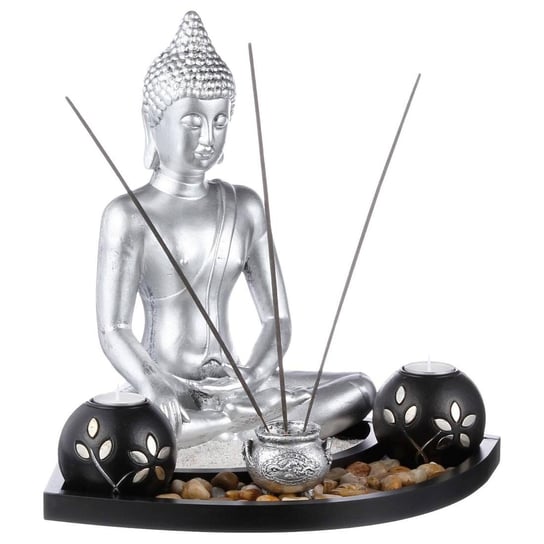 Figurka buddy z kadzidełkami i świecznikami ZEN GARDEN, srebrna Atmosphera