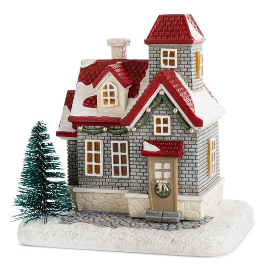 Figurka świąteczny zimowy domek 76 popielato-czerwony Eurofirany