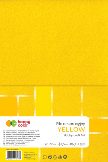 Filc dekoracyjny, 20 cm x 30 cm, 1,5 mm, 10 ark., żółty, Happy Color Happy Color