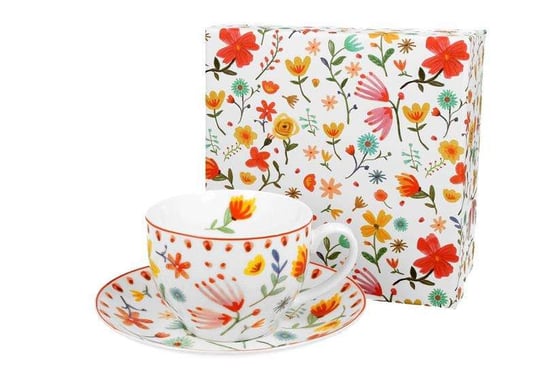 Filiżanka do kawy i herbaty porcelanowa ze spodkiem DUO PASTEL FLOWERS WHTE 250 ml DUO Gift
