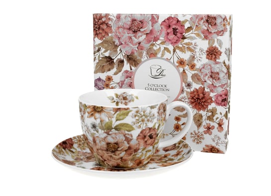 Filiżanka do kawy i herbaty porcelanowa ze spodkiem DUO PASTEL FLOWERS WHTE 400 ml DUO Gift
