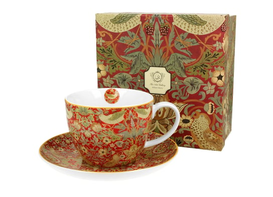Filiżanka do kawy i herbaty porcelanowa ze spodkiem DUO Strawberry Thief Red William Morris 400 ml DUO Gift