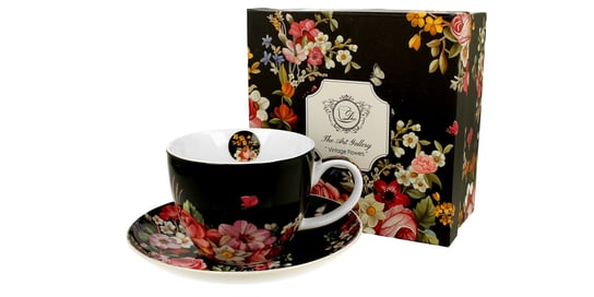 Filiżanka do kawy i herbaty porcelanowa ze spodkiem DUO VINTAGE FLOWERS BLACK 400 ml DUO Gift