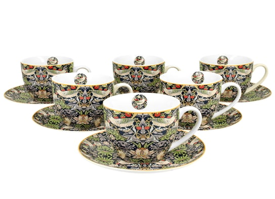 Filiżanki do  kawy i herbaty porcelanowe ze spodkami DUO Strawberry Thief Blue William Morris 270 ml 6 szt DUO Gift