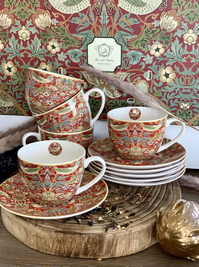 Filiżanki do  kawy i herbaty porcelanowe ze spodkami DUO Strawberry Thief Red William Morris 270 ml 6 szt DUO Gift