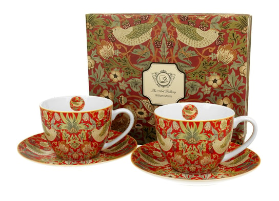 Filiżanki do  kawy i herbaty porcelanowe ze spodkami DUO Strawberry Thief Red William Morris 280 ml 2 szt DUO Gift