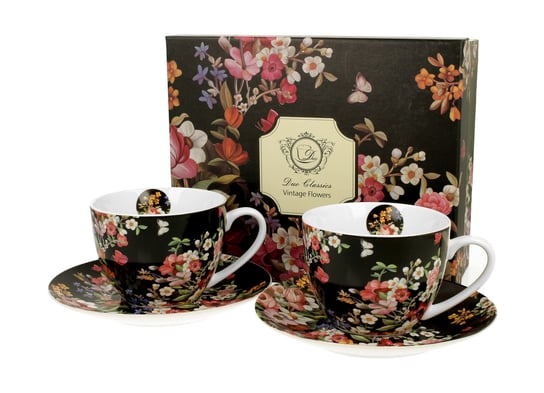 Filiżanki do  kawy i herbaty porcelanowe ze spodkami DUO VINTAGE FLOWERS BLACK 270 ml 2 szt DUO Gift
