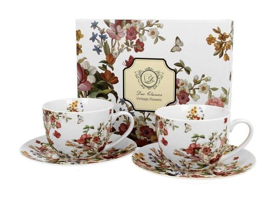 Filiżanki do  kawy i herbaty porcelanowe ze spodkami DUO VINTAGE FLOWERS WHITE 280 ml 2 szt DUO Gift