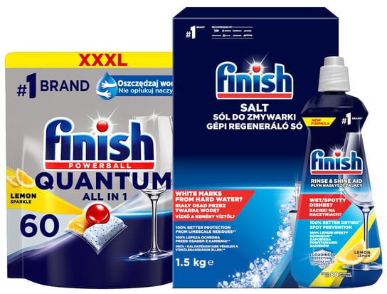 Finish Quantum All in 1 zestaw do zmywarki 3 sztuki - Kapsułki 60 sztuk + Sól 1,5 kg + Nabłyszczacz 400 ml Reckitt Benckiser