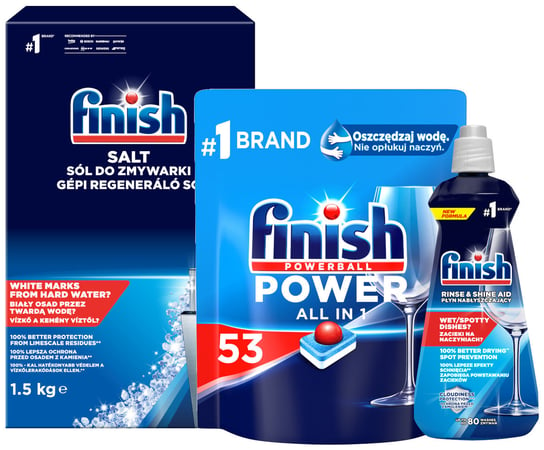 FINISH Tabletki Power All in 1 53 sztuki + sól 1,5 kg + nabłyszczacz 400 ml Reckitt Benckiser