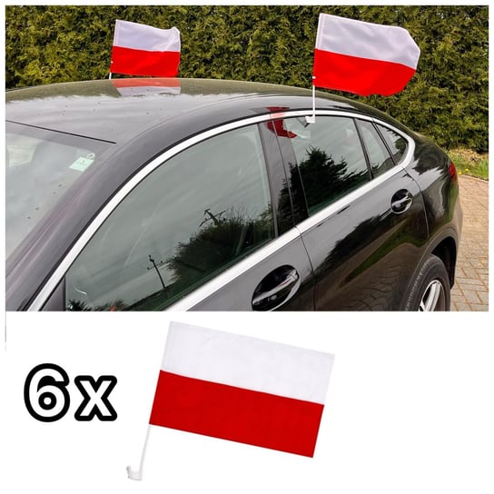 FLAGA POLSKI na SAMOCHÓD Flagi Polska na AUTO |ZESTAW 6 Flag| Na trzonku Arpex