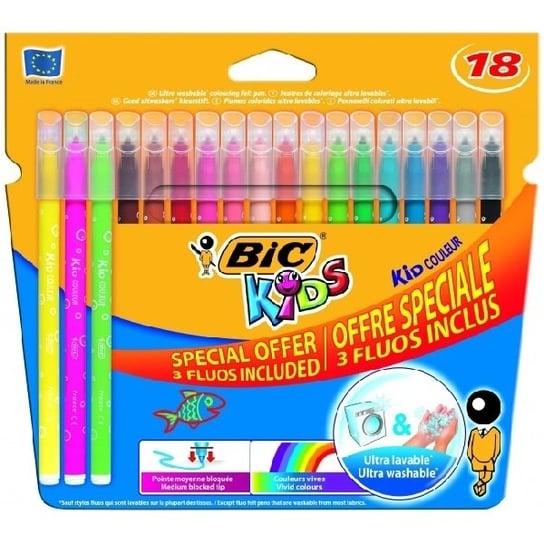 Flamastry zmywalne, Kid Couleur Fluo, 15+3 kolory BIC