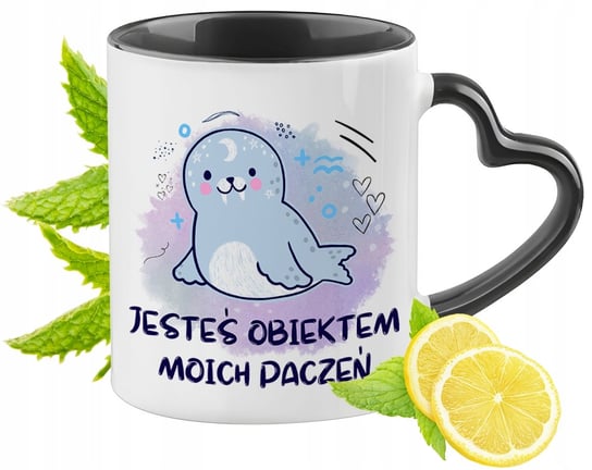 Foka Foczka Foczki Kubek Czarny z Uszkiem w Kształcie Serca na Prezent PoliDraw