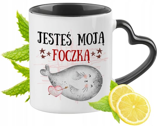 Foka Foczka Foczki Kubek Czarny z Uszkiem w Kształcie Serca na Prezent PoliDraw