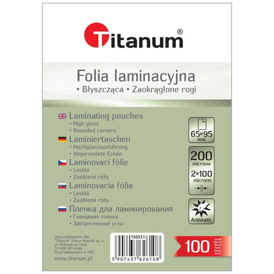 Folia do laminowania 65x95mm 100 sztuk 100 mic Titanum Titanum