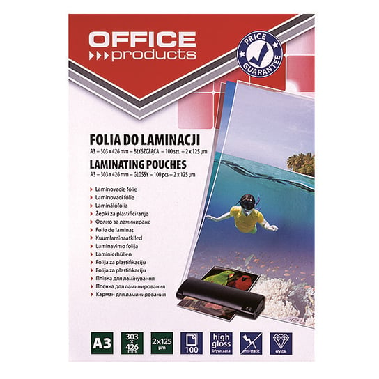 FOLIA DO LAMINOWANIA OFFICE PRODUCTS, A3, 2X125MIKR., BŁYSZCZĄCA, 100SZT., TRANSPARENTNA Office Products