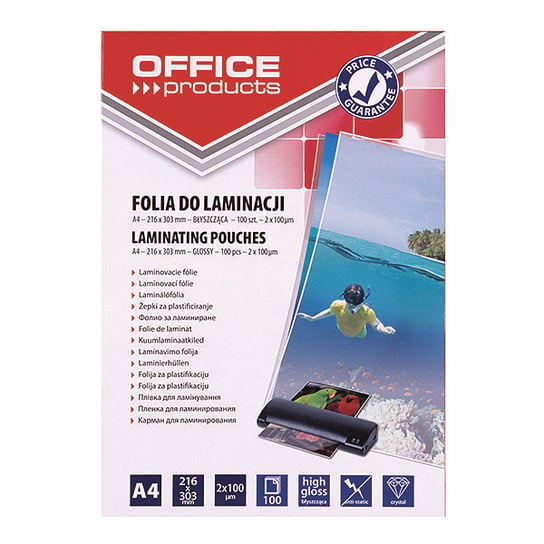FOLIA DO LAMINOWANIA OFFICE PRODUCTS, A4, 2X100MIKR., BŁYSZCZĄCA, 100SZT., TRANSPARENTNA Office Products
