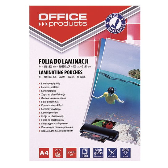 FOLIA DO LAMINOWANIA OFFICE PRODUCTS, A4, 2X80MIKR., BŁYSZCZĄCA, 100SZT., TRANSPARENTNA Office Products