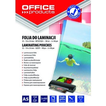 FOLIA DO LAMINOWANIA OFFICE PRODUCTS, A5, 2X100MIKR., BŁYSZCZĄCA, 100SZT., TRANSPARENTNA Office Products