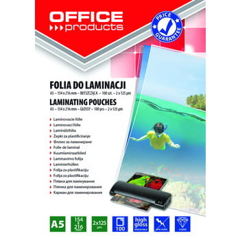 Folia do laminowania OFFICE PRODUCTS A5 2x125mikr błyszcząca 100szt transparentna Office Products