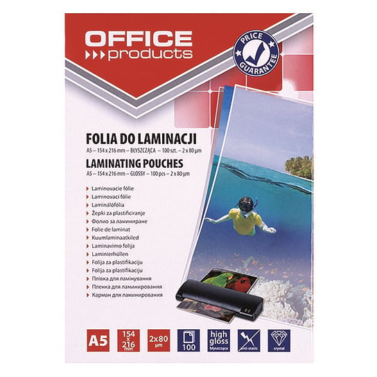 FOLIA DO LAMINOWANIA OFFICE PRODUCTS, A5, 2X80MIKR., BŁYSZCZĄCA, 100SZT., TRANSPARENTNA Office Products