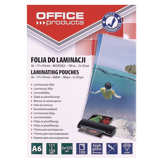FOLIA DO LAMINOWANIA OFFICE PRODUCTS, A6, 2X125MIKR., BŁYSZCZĄCA, 100SZT., TRANSPARENTNA Office Products
