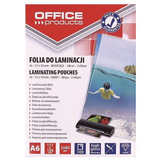 FOLIA DO LAMINOWANIA OFFICE PRODUCTS, A6, 2X80MIKR., BŁYSZCZĄCA, 100SZT., TRANSPARENTNA Office Products