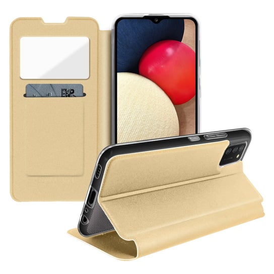 Folio Samsung Galaxy A02s Etui z okienkiem na karty z uchwytem Stojak na wideo – złoty Avizar