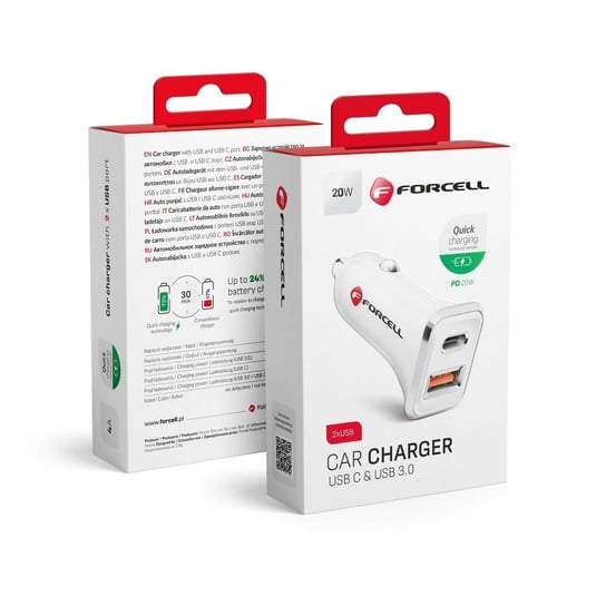 FORCELL ładowarka samochodowa USB 3.0 + USB C Quick Charging + Power Delivery PD20W 4A CC-QCPD01 biała Zamiennik/inny