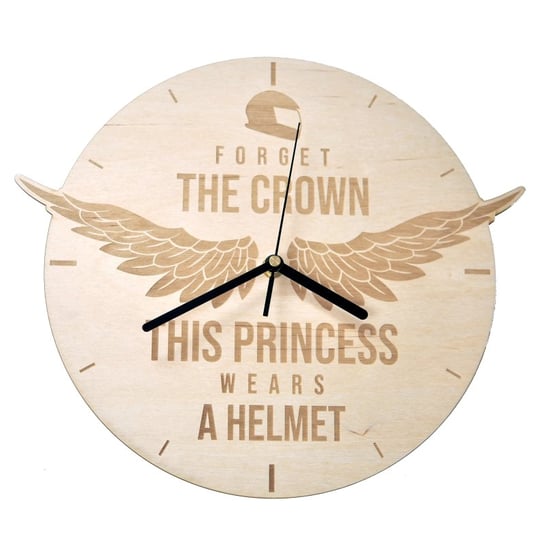 Forget the crown, this princess wears a helmet - drewniany zegar ścienny z grawerem prezent dla motocyklistki Koszulkowy