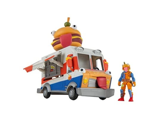 Fortnite FNT1059 Durrr Burger Food Truck TRUCK – 9-calowy pojazd fabularny z 2,5-calową przegubową figurką szefa wołowiny, wielobarwny Inna marka