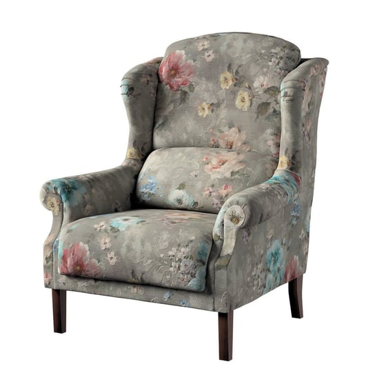 Fotel DEKORIA Monet, niebieskie i różowe kwiaty na szarym tle, 85x74x107 cm Dekoria