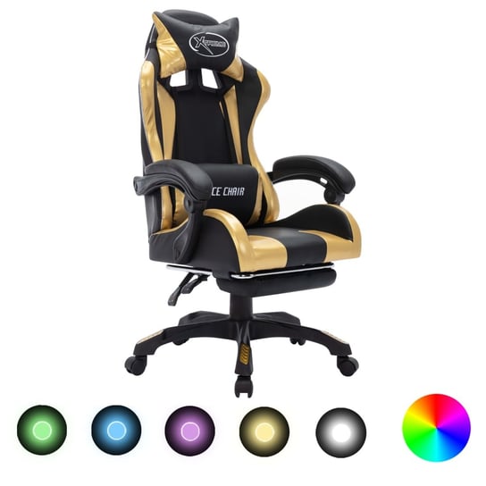 Fotel dla gracza z RGB LED, złoto-czarny, sztuczna skóra vidaXL