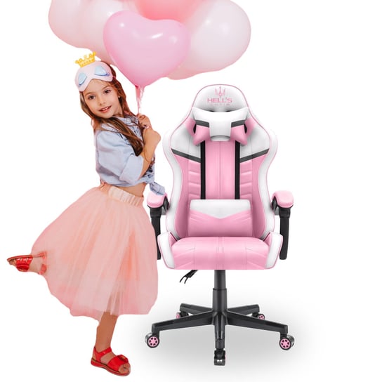 Fotel gamingowy Hell's Chair HC- 1004 KIDS PINK Różowy Biały Szary Hells
