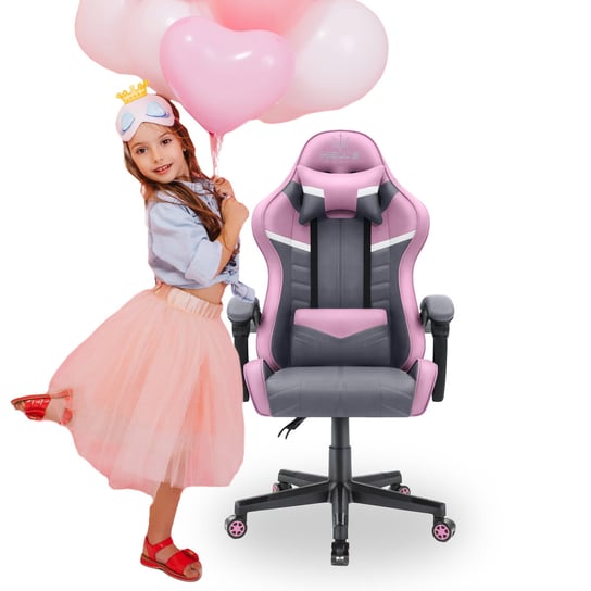 Fotel gamingowy Hell's Chair HC- 1004 KIDS SZARY RÓŻOWY Tkanina Hells