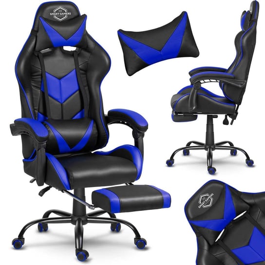 Fotel gamingowy, krzesło gracza, podnóżek, kubełkowy Sofotel Cerber czarno-niebieski SOFOTEL