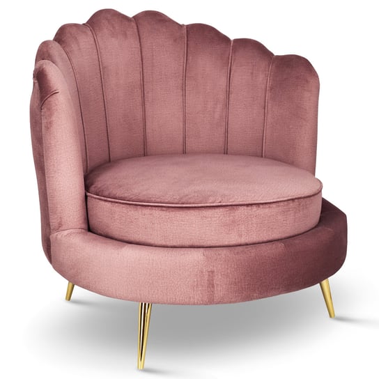 Fotel Muszelka LIVIA – Różowa z wygodnym, pikowanym oparciem, głębokim siedziskiem i złotymi nóżkami POSTERGALERIA