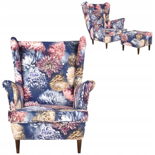 Fotel uszak z podnóżkiem pastelowe kwiaty kolorowy Family meble