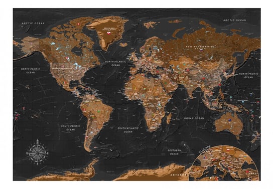 Fototapeta, Czarno-brązowa stylowa mapa świata z flagami, 150x105 cm DecoNest