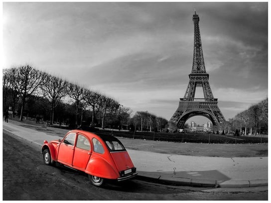 Fototapeta, Czerwone auto przy Wieży Eiffla, 2 elementy, 200x150 cm Oobrazy
