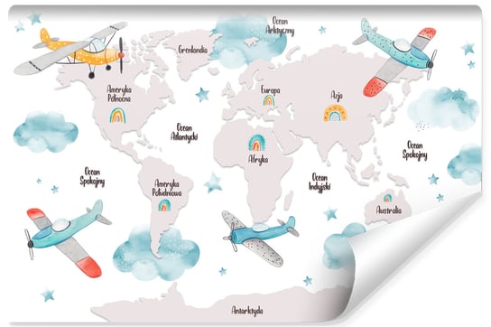 Fototapeta dekoracyjna dla dzieci MURALO Mapa Świata Samoloty - Akwarela, 400x280 cm Muralo