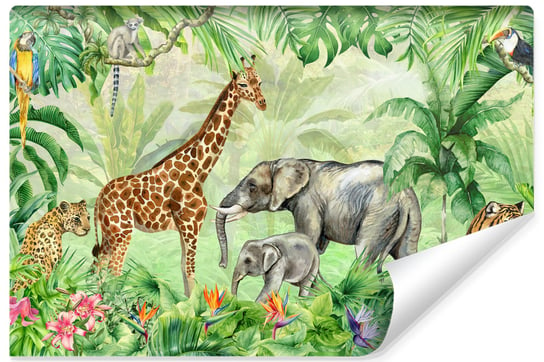Fototapeta Dla Dzieci DZIKIE Zwierzęta Dżungla Liście Kwiaty Natura 315cm x 210cm Muralo