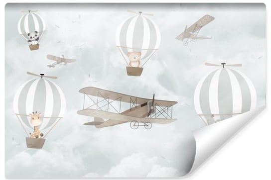 Fototapeta Dla Dzieci ZWIERZĘTA Balony Chmury Samolot Vintage 135cm x 90cm Muralo
