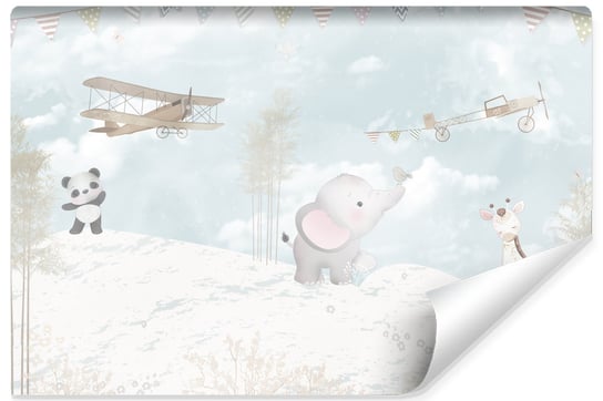 Fototapeta Dla Dzieci ZWIERZĘTA Panda Słonik Samoloty Niebo 270cm x 180cm Muralo