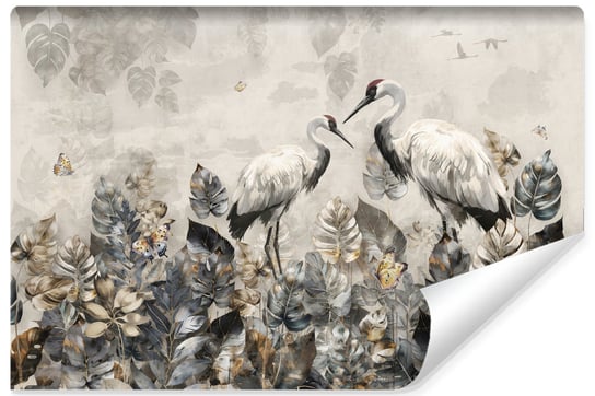 Fototapeta Do Salonu ŻURAWIE Ptaki Abstrakcyjne Liście Styl Retro 180cm x 120cm Muralo