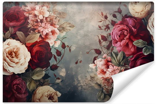 Fototapeta Do Sypialni Barwne Kwiaty Róże Piwonie Rośliny Styl Vintage 270Cm X 180Cm Muralo